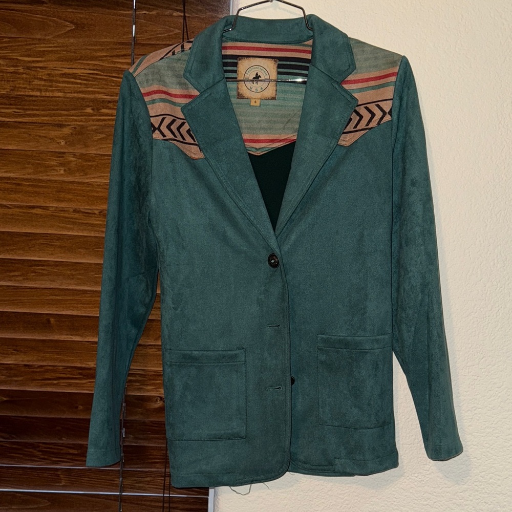 Teal Women's Jacket with Patterned Accents